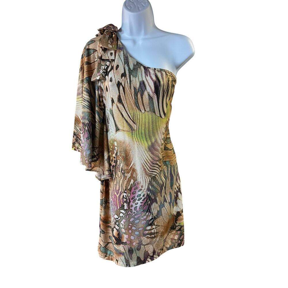Y2K Cache One Shoulder Shimmer Tropical Jungle Animal Print Bodycon Mini Dress L